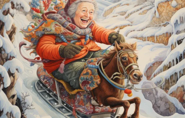 Winter, snow, mood, grandma, sleigh, old, fun, horse