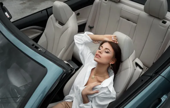 Picture girl, decoration, pose, brunette, blouse, car, salon, manicure