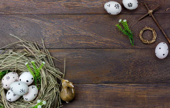 Flowers, eggs, spring, Easter, hay, wood, flowers, spring