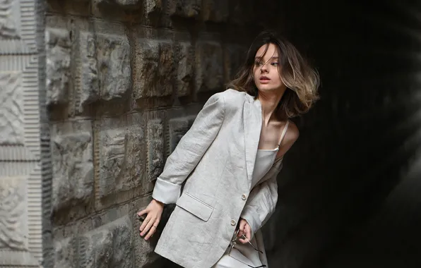 Girl, pose, wall, jacket, Anastasia Popova, Victor Uglov
