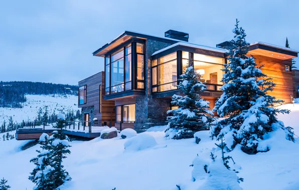 Picture winter, comfort, house, style, stylish, the evening, house, cottage