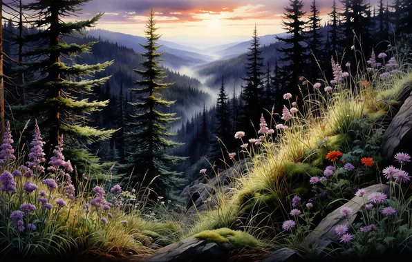 Picture forest, flowers, mountains, nature, horizon, haze, digital art, digital art