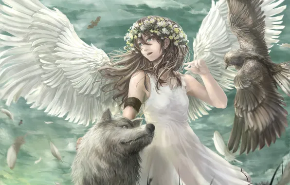 Picture bird, wolf, wings, angel, anime