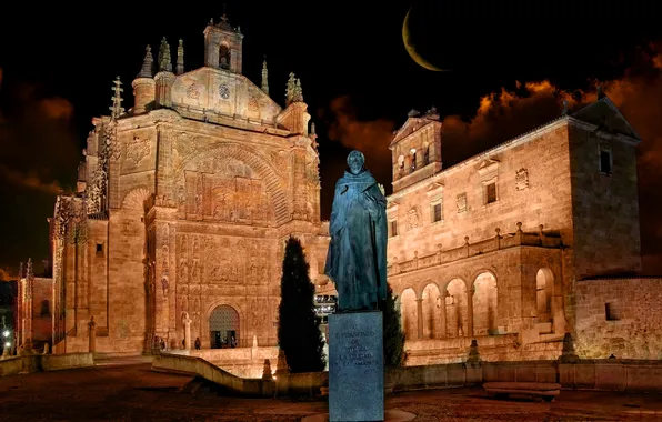 Night, lights, the moon, area, monument, Spain, Salamanca, convent de San Esteban
