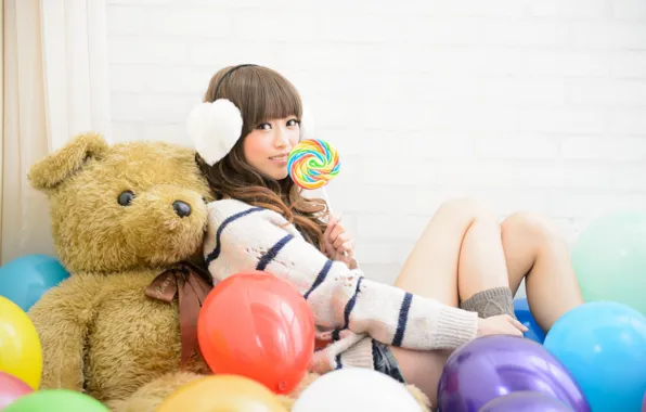 Girl, Balls, Toy, Bear, Lollipop