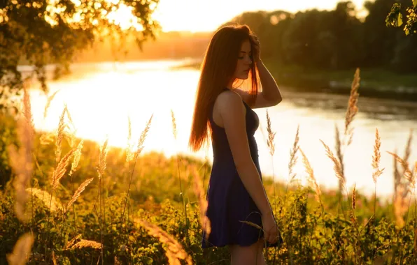 Forest, grass, girl, the sun, trees, nature, river, dress