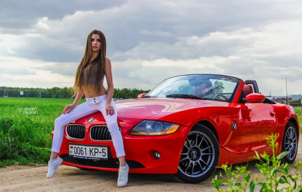 Picture look, nature, Girls, BMW, beautiful girl, red car, posing on the hood