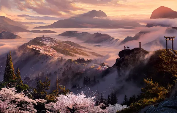 Mountains, nature, the game, Japan, valley, art, samurai, the creed of the assassins