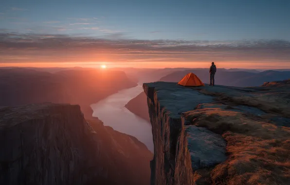 The sun, clouds, mountains, fog, rock, river, open, dawn