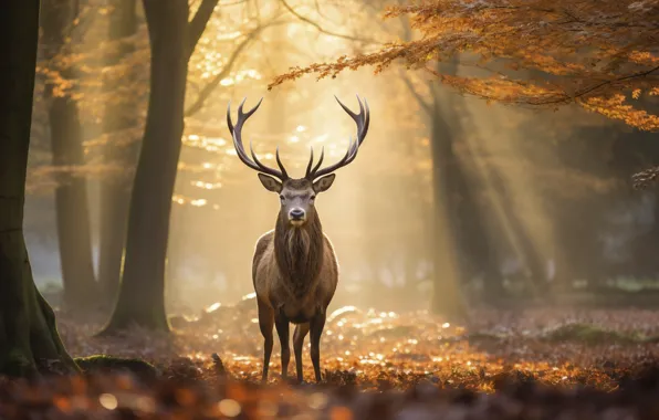Picture autumn, forest, the sun, nature, deer, AI art, neural network