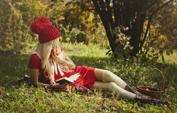 FOREST, DRESS, RED, BASKET, KNEE, BASKET, APPLE, BOOK