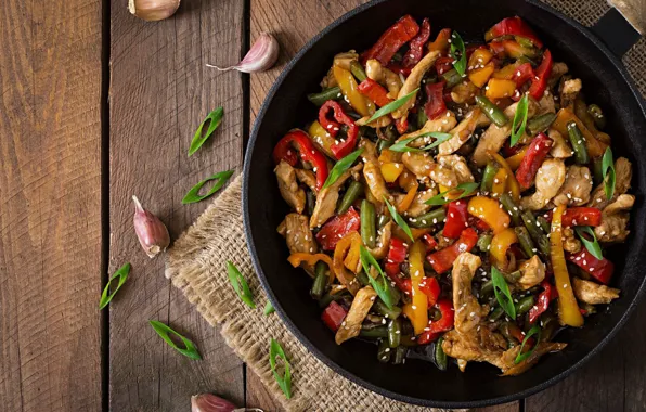 Bow, meat, pepper, sesame, garlic, pan, stew, green beans