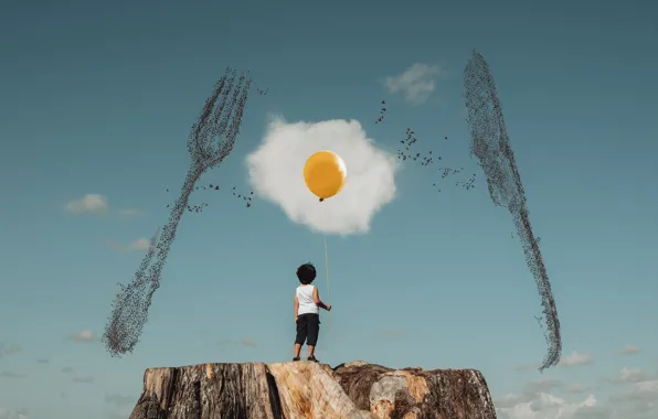 The sky, clouds, birds, yellow, rendering, fantasy, heaven, back