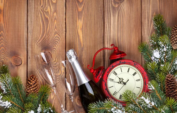 Decoration, watch, tree, New Year, glasses, Christmas, champagne, happy