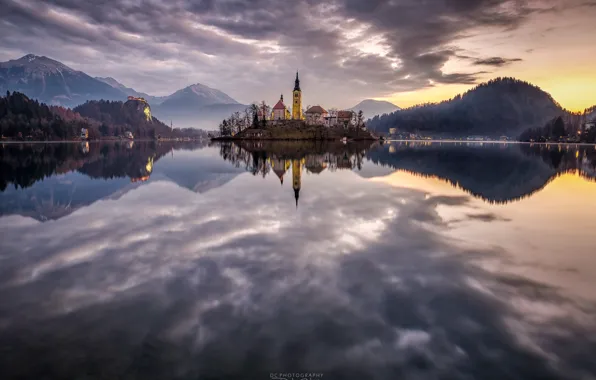 The sky, mountains, lake, reflection, island, Slovenia, Lake Bled, Slovenia