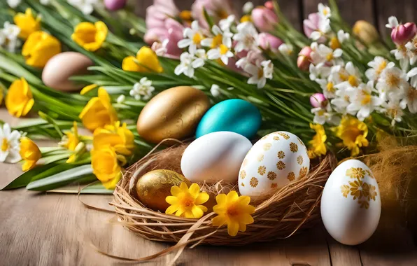 Picture flowers, eggs, spring, colorful, Easter, happy, flowers, spring