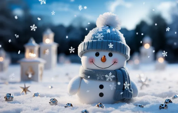 Winter, snow, New Year, Christmas, snowman, happy, Christmas, night