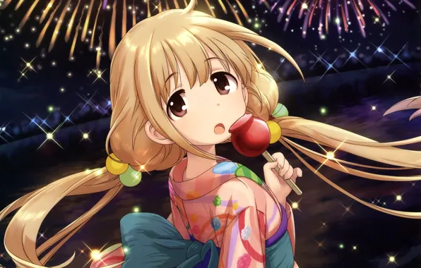Lights, girl, yukata, fireworks, long hair, two tails, festival, Idol Master