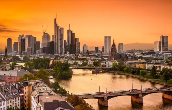 The city, river, dawn, home, skyscrapers, Germany, bridges, Frankfurt