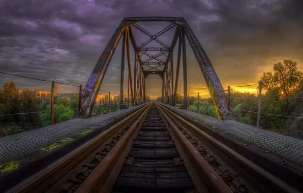 Landscape, sunset, bridge, railroad