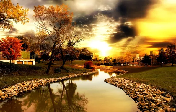 Picture trees, river, Golden sky