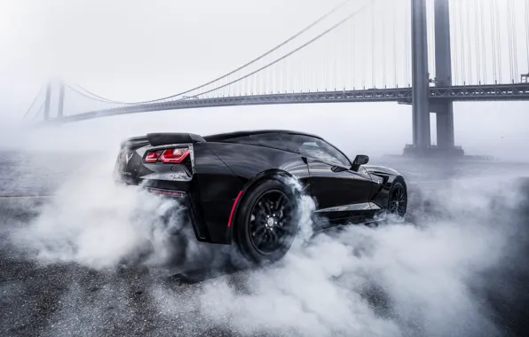 Picture bridge, smoke, Corvette, Chevrolet, black, smoke, Chevrolet Corvette