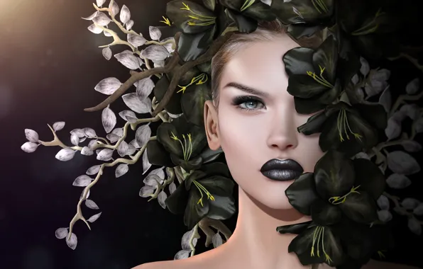 Girl, flowers, branches, makeup