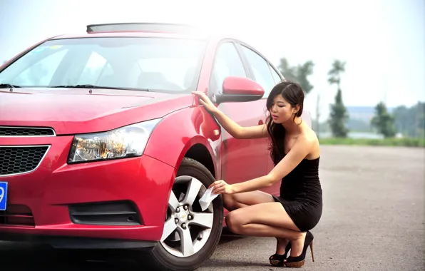 Girls, Chevrolet, Asian, beautiful girl, red car, posing on the car
