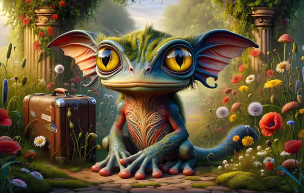 Flowers, being, fantasy, suitcase