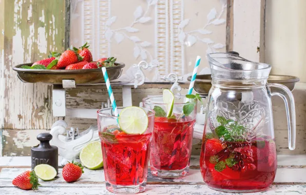 Strawberry, pitcher, lemonade, lim