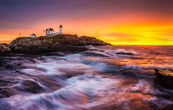 Sea, landscape, rocks, dawn, the building, lighthouse