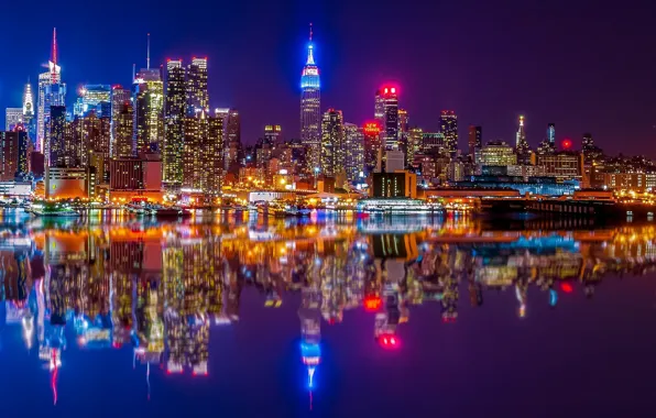 Reflection, river, building, home, New York, night city, Manhattan, skyscrapers