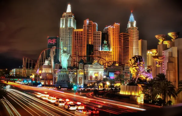 Road, night, lights, the hotel, New York New York, Las Vegas