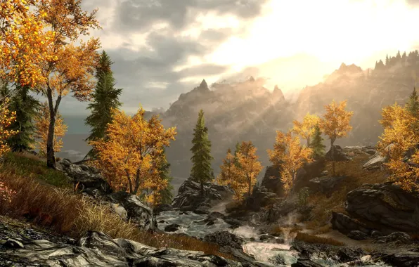 Picture dusk, Skyrim, riverflow