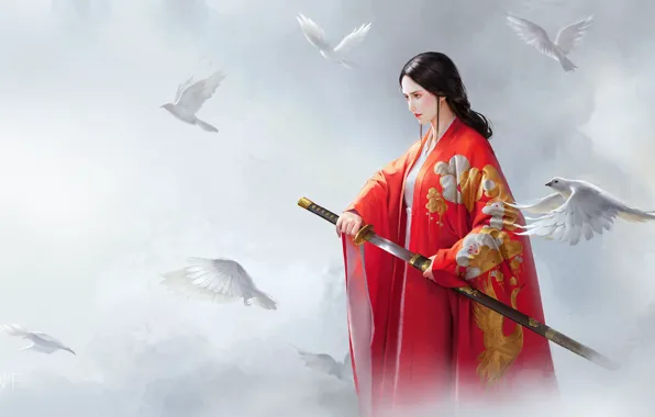 Girl, weapons, fantasy, art, pigeons, Red, wenfei ye