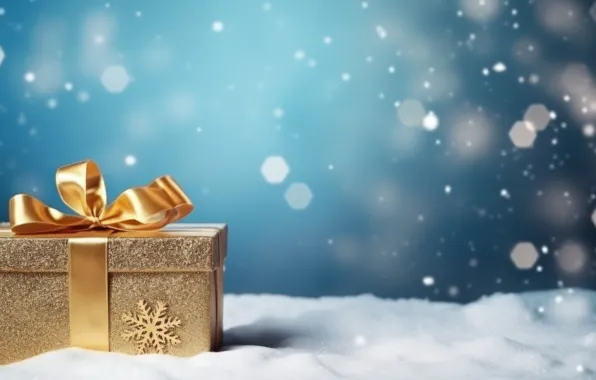 Winter, snow, box, gift, Shine, Christmas, New year, gold