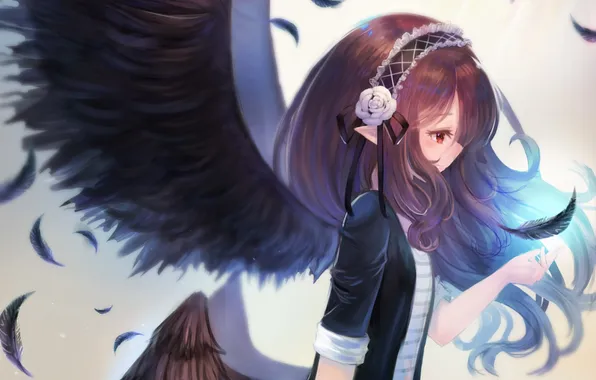 Picture girl, magic, wings, angel, anime, feathers, art, zonekiller10