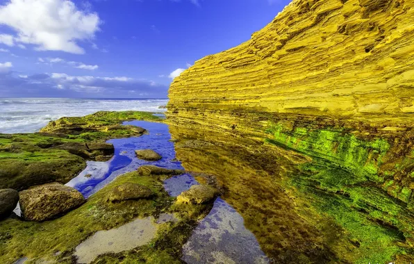 Sea, the sky, clouds, stones, rocks, color