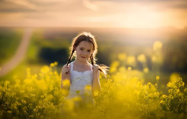 Road, summer, space, girl, braids, bokeh