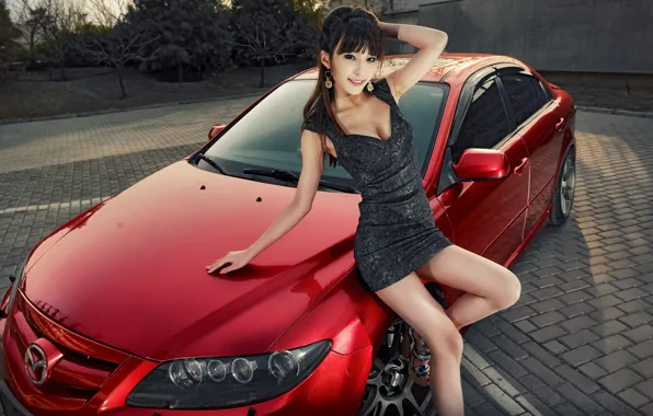 Picture look, smile, Girls, Mazda, Asian, beautiful girl, red car, beautiful dress