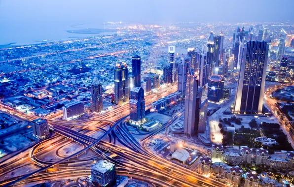 Picture building, road, panorama, Dubai, night city, Dubai, UAE, UAE