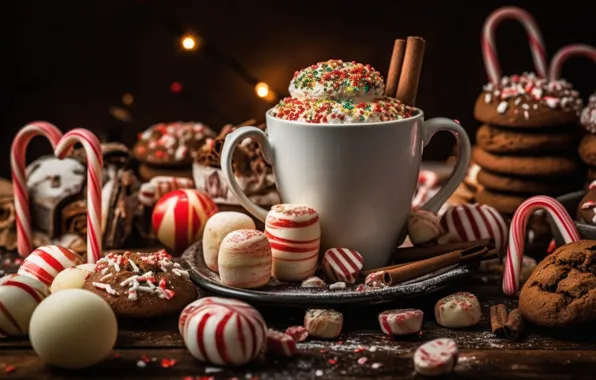 The dark background, table, Board, cookies, Christmas, candy, mug, Cup