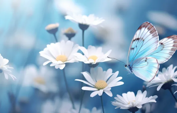 Summer, flowers, butterfly, glade, chamomile, spring, meadow, white