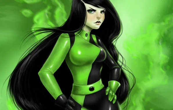 Picture girl, art, villain, Kim Five with Plus, shego, green suit
