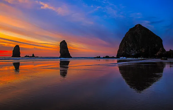 Rocks, shore, tide, Oregon, glow, USA