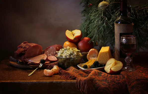 Branches, table, holiday, wine, apples, toys, bottle, new year