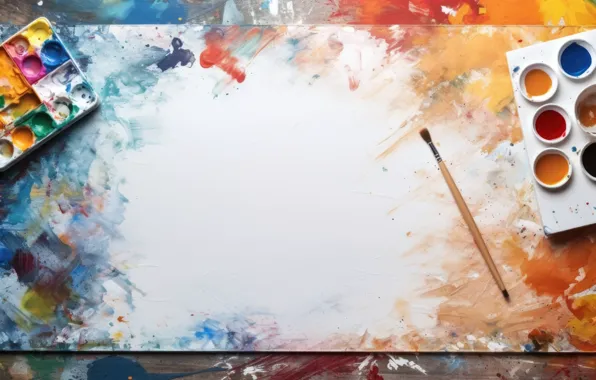 Paper, paint, watercolor, white background, blots, brush, palette, painting