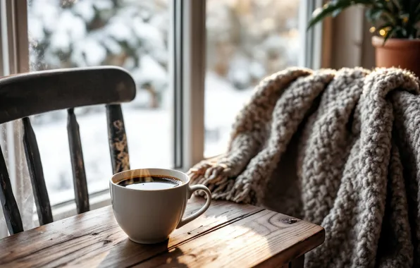 Picture winter, snow, trees, comfort, window, plaid, winter, snow