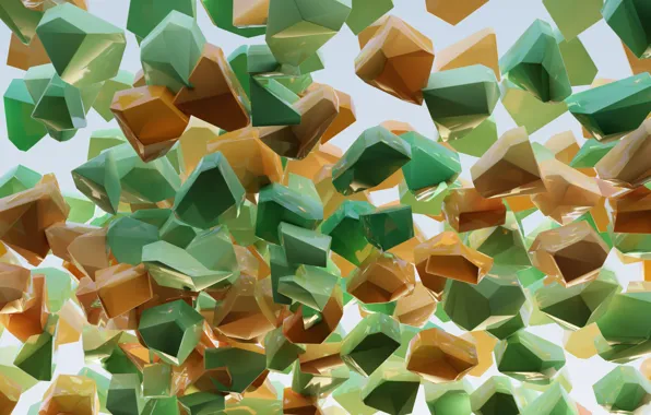 Orange, fragments, green, Shine, abstraction 3D