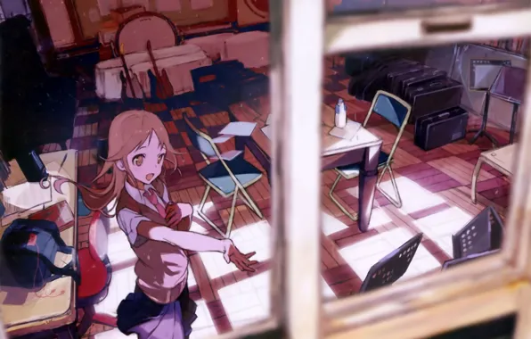 Light, table, guitar, window, class, schoolgirl, bag, music